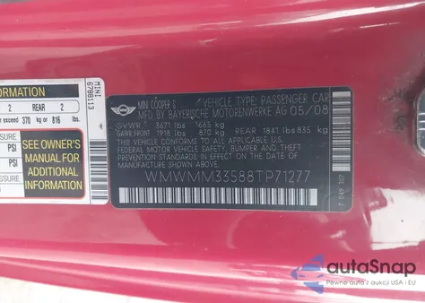 2008 Mini Cooper S Clubman from USA, damaged, VIN WMWMM33588TP71277